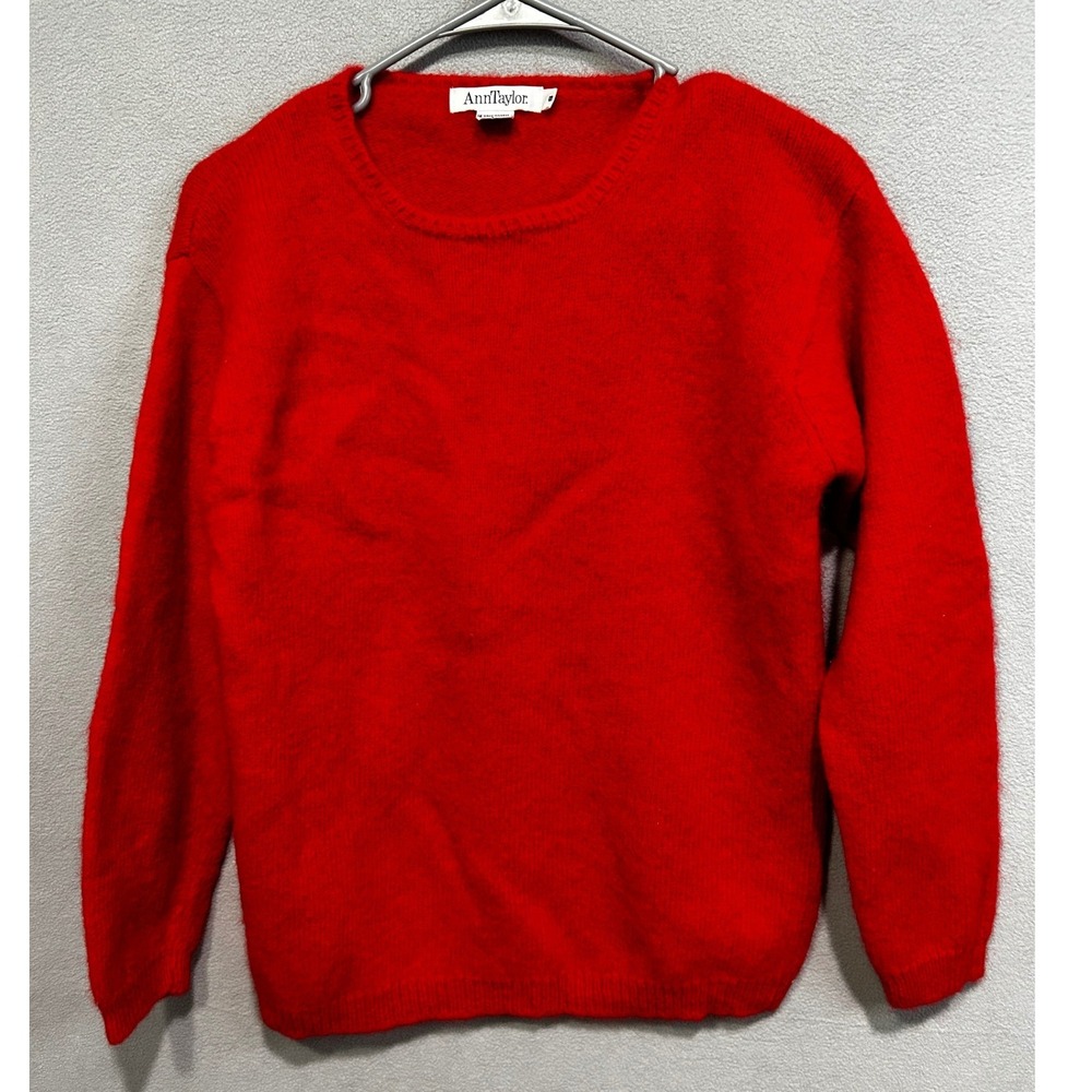 Ann Taylor Women Shetland Wool Sweater Size Small Red Crew Neck Valentine Winter